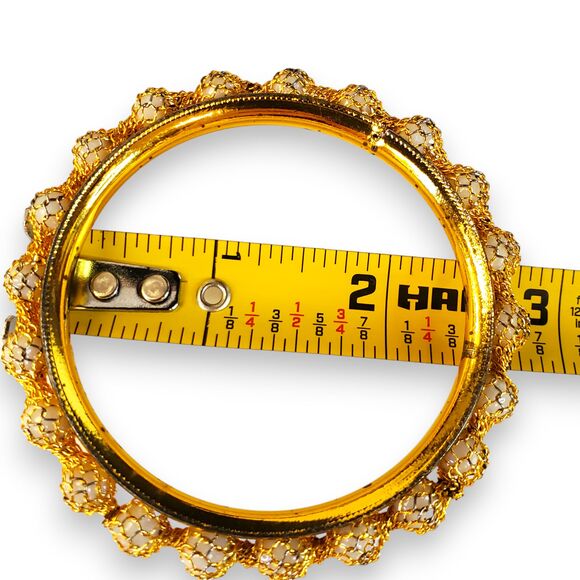 Gold Tone Blingy Bangle Bracelet w/ White Beads Basket Weave Indian Style 2" Dia - Picture 7 of 11